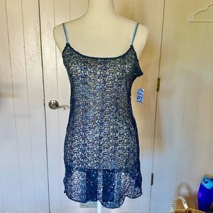 $68 NWT Free People Intimately Sequin Midnight Blue Tank Top Sheer Lace Tunic